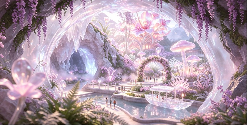 Glowing cave garden and boat