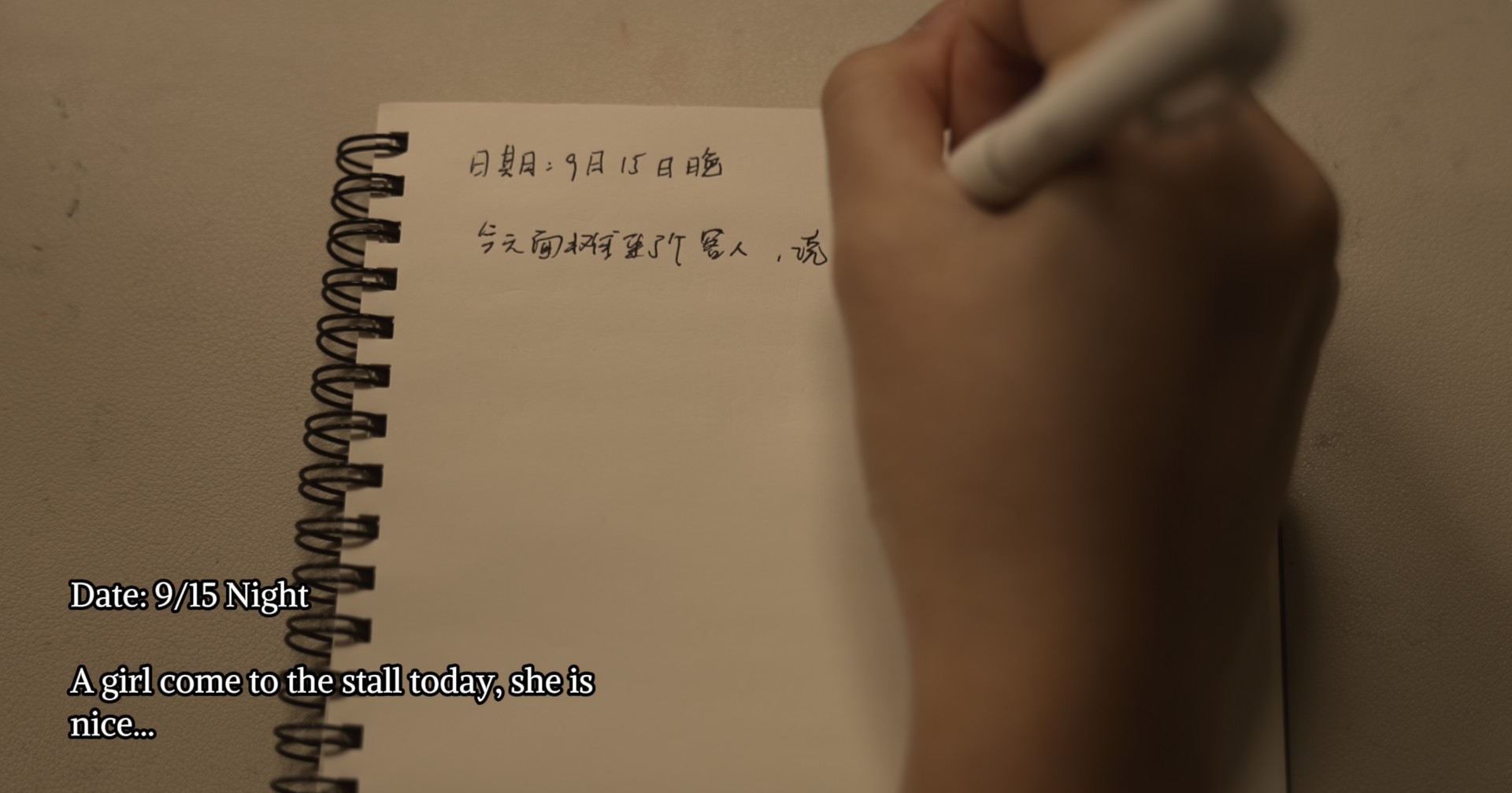 Writing in a notebook with the original subtitles