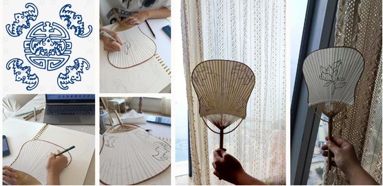 Complete traditional motifs, drawing process and both sides of the round fan