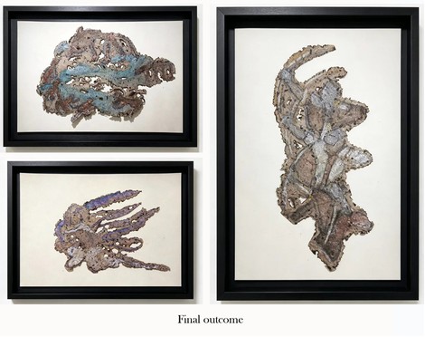 Three complete framed scorched mineral-pigment artworks